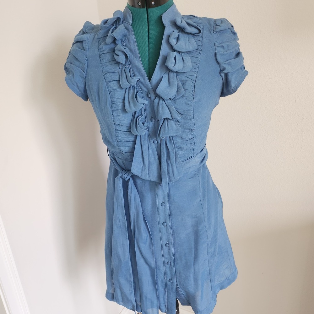 Ark & Co Womens Dress Button Up Fit and Flare Blue Ruffled Ruched Bodice Small